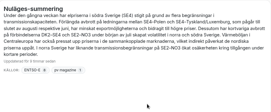 Nuläges-summering i Spotprisprognos – kort sammanfattning av läget på elmarknaden med källor